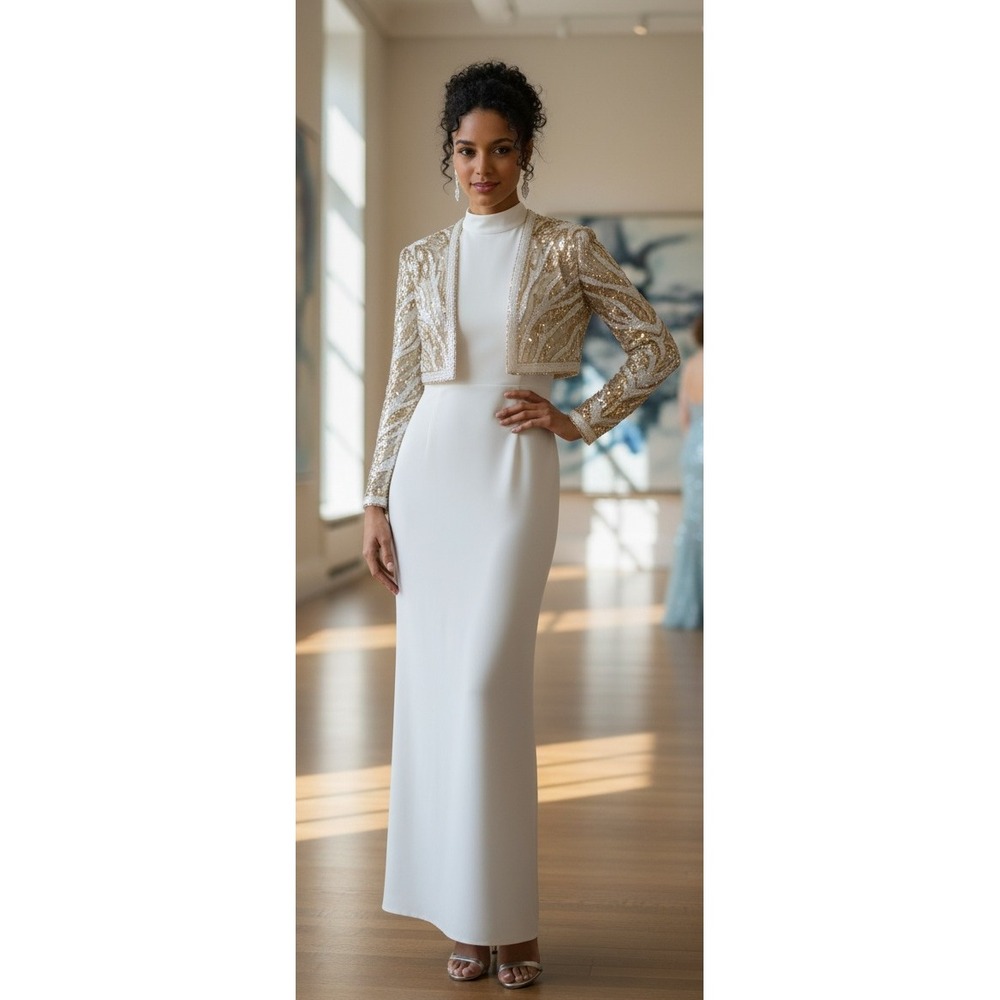 Women's Beaded Sequin Long Sleeve‎ Evening Gown w/ Bolero Mother of Bride Size 4